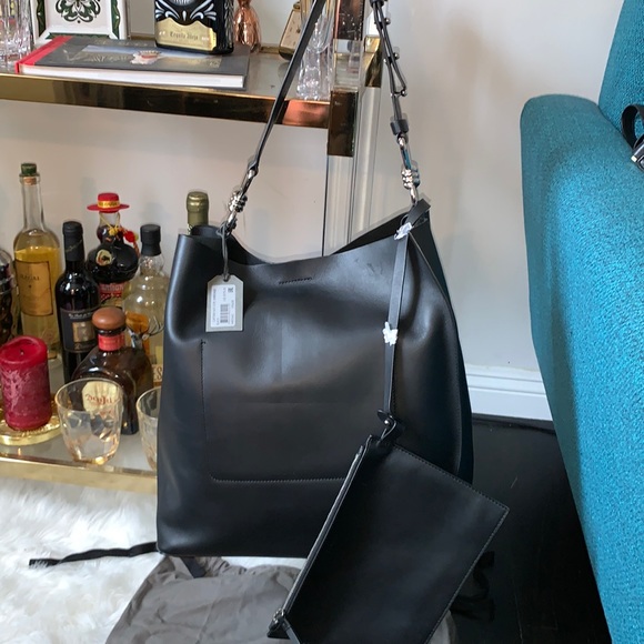 All Saints Handbags - ALLSAINTS Captain Large Smooth Black Leather Shoulder Tote Bag $358